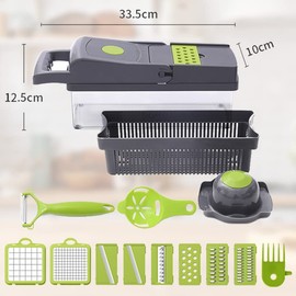 14 en 1 Picador de Verduras, Cortador de Verduras,Multifuncional Vegetable Slicer Cutter - 6 Cuchillas de Acero Inoxidable con Contenedor Cesta Coladora,Adecuado para Frutas Verduras y Ensaladas