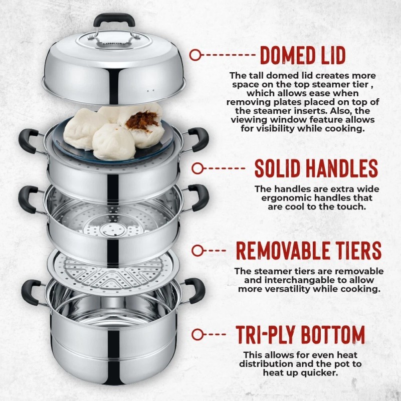 Concord 3 Tier Premium Stainless Steel Steamer Set (32 CM)
