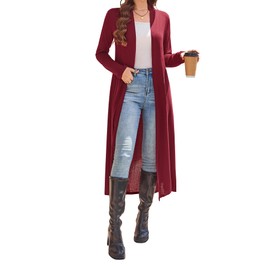 Newchoice Women's Long Cardigans with Pockets Knit Open Front Floor Length Cardigan Sweaters Lightweight Long Sleeve Dusters (Wine Red, XL)
