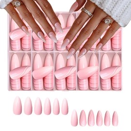 Auriselle 120 Stück 12 Größen Nails Press on Nails Set Linien- Design Gradual Weiß Rosa Almond Künstliche Fingernägel Aufkleben natürlichem Look langer Haltbarkeit Hochzeiten Partys Alltag Kunstnägel
