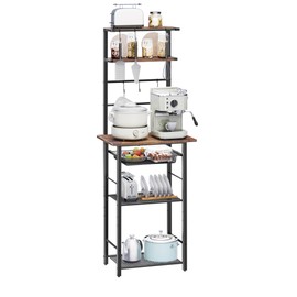 LAKEMID 6-Tier Standing Baker's Racks with Storage, Microwave Stand with Storage, Coffee Bar Table with 6 S Hooks, Kitchen Storage Shelf with Wire Basket, for Kitchen, Office, Rustic Brown