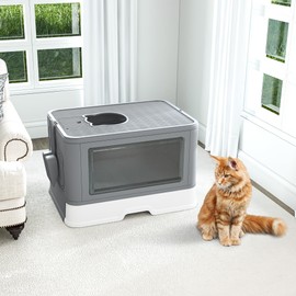 DWVO Enclosed Cat Litter Box with Lid, Two-Way Entry/Exit, Slide-Out Tray with High Edges, Litter Scoop, Self-Groomer, and Deodorizer Filter, Gray - 19" L x 15" W x 15" H