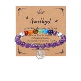 MANIFO Amethyst Chakra Crystals Bracelet for Women Healing Crystal Bracelet Natural Gemstone Beaded Bracelets with Life Tree Charm Jewellery Valentines Christmas Gifts