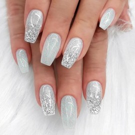 White Press on Nails Short Coffin Fake Nails Silver Glitter and Sequins Designs Glue on Nails Glossy Full Cover Acrylic Nails Simple and Natural Stick on Nails for Women 24 Pcs