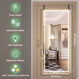 Hasipu Door Mirror Full Length, 47 x 18 Over The Door Mirror,Hanging Mirror with Lights, Full Length Mirror for Bedroom, Living Room, Cloakroom