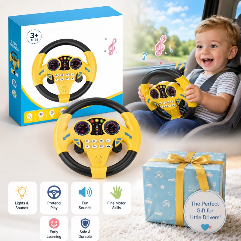 Kids Simulation Steering Wheel Toy for Pretend Play – Light