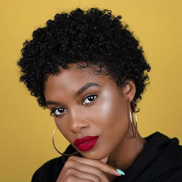 CLIONE Short Afro Curly Human Hair Wigs for Black Women Kinky Curly Short Wigs 150% Density Afro Wig for African American Replacement Wigs Natural Black Color 1B