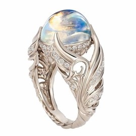 ZDIFDIC Natural Moonstone Ring for Women 925 Sterling Silver Ring Angel Wings Wedding Band Charming Diamond Engagement Promise Rings Size 6-10 (9#)