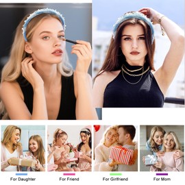 PLwelth Pearl Headband for Women Girls Denim Headband Sparkly Rhinestone and Pearl Outfits Hairband Embellished Wide Hairband for Thin Thick Hair Fashion Headpieces Bachelorette Party Hair Accessories