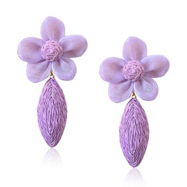 Just Follow Flower Rattan Earrings for Women Statement Boho Raffia Straw Wrapped Flower Drop Dangle Earrings Summer Tropical Beach (Violet)