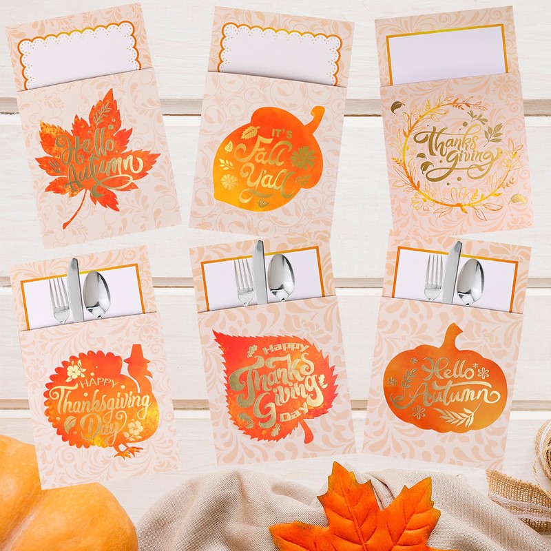 CCINEE Thanksgiving Cutlery Holder,24 Pack Pumpkin Turkey Cutlery Utensil Holders