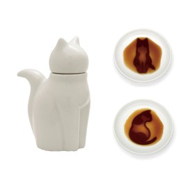 EDOYA Cat Soy Sauce Dispenser (L Size) & 2 Small Cat's Dishes (White)