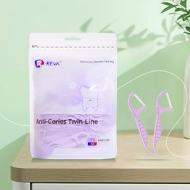 R REVA Anti-Caries Twin-Line Dental Floss Picks - 200 Count (Pack of 1), Fresh Lime Flavour Toothpicks, Teeth Cleaning Sticks