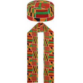 Jiuguva 2 Pcs African Kente Pattern Kufi Hat Kente Kufi Hat Men Hat and Kente African Print Stole Sash for Black African History