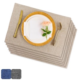 lazywoodpecker Placemats, Cloth Placemats for Dining Table Set of 6, Machine Washable Linen Style Dining Table Mats, Double Thick placemats, 12" x 18" (Linen)
