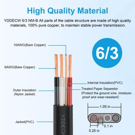 YDDECW 6/3 NM-B Wire with Ground - 10FT 6 Gauge Non-Metallic Sheathed Cable Pure Copper 6 AWG 3 Conductor Residential Indoor Wire for Outlets, Switches and Other Loads etc.