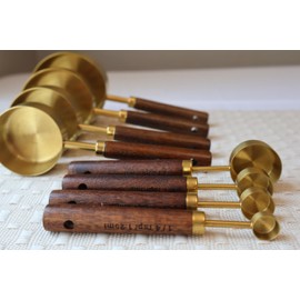 8 PCS Measuring Cups and Spoons Set Golden Stainless Steel Cups with wooden Handle