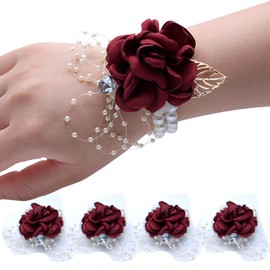 Axnhbubu 4 Pulseras de Ramillete de muñeca para Color Rosa clarete, Pulsera de Perlas para Dama de Honor, Flores de Mano para Mujer, para Boda, Fiesta