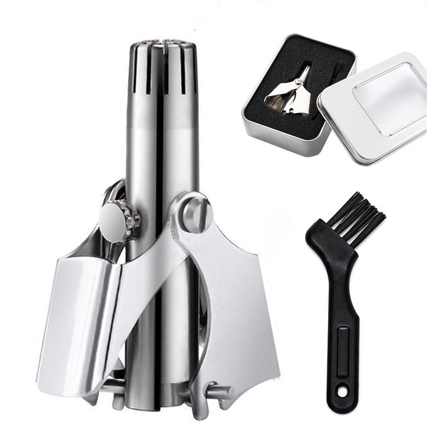 RICISUNG Manual Nose Hair Cutter, Stainless Steel Manual Nose Hair Cutter, Rotary, Silent, Washable, Easy to Carry, Portable Use, Storage Bag Included, Cleaning Brush Included, Non-Rechargeable, Silver Etiquette Cutter