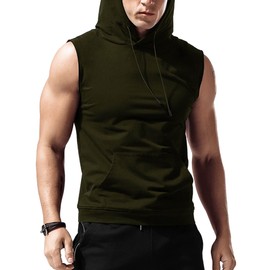 Babioboa Men's Sleeveless Hoodie Bodybuilding Shirt with Pocket Gym Muscles Tees Athletic Tops Army Green