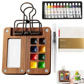 Mini Watercolour Paint Set Travel, Portable Pocket Artist Watercolour Travel Set with 8-Grid Palette, 12-Color Watercolor, Water Brush, 1 Sketchbooks, for Outdoor Sketching, Art Classes, Gift Giving