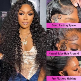 QVFWIG 22 Inch Deep Wave Lace Front Wigs Human Hair 200% Density 13x6 HD Lace Frontal Wigs Human Hair Pre Plucked Deep Curly Glueless Wig for Women Natural Color