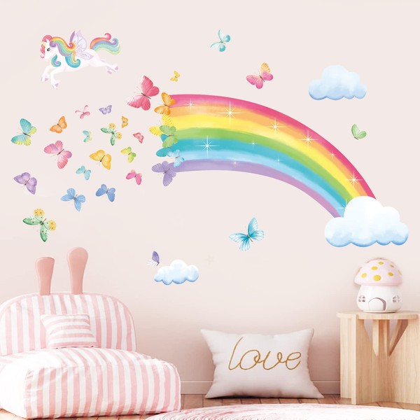 decalmile Rainbow Wall Decals Unicorn Rainbow Butterflies Clouds Wall Stickers Baby Nursery Girls Bedroom Daycare Wall Decor Gifts for Girls