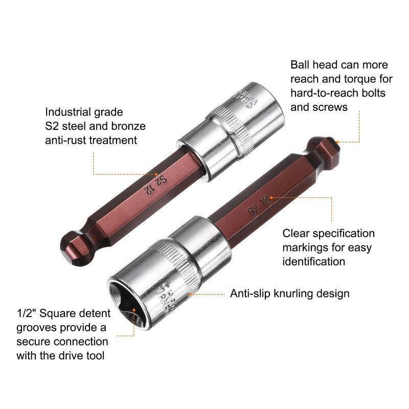 HARFINGTON 12mm Ball End Hex Bit Socket 1/2" Square Drive
