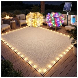 Solar Powered LED Rope Light for Outdoor Rug, 46FT Patio Floor Lights with Warm White & Multicolor for Backyard Deck Decor, Solar & USB Recharge, Remote Timer, Waterproof, 24 Rug Clips Included