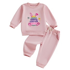 Felcia Toddler Girl Easter Outfits Rabbit Ear Letter Carrot Embroidery Crew Neck Long Sleeve Tops Long Pants 2Pcs Clothes Set (A-Pink, 18-24 Months)