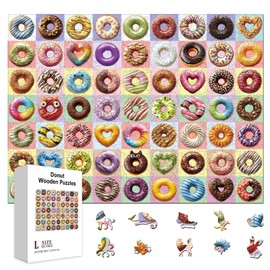 GLOBLELAND 300Pcs 63 Donuts Atlas Wooden Jigsaw Puzzles for Toddler Children Learning 11.22x15.16inch Colorful Dessert Donut Wood Puzzles Holiday Birthday Gifts for Preschool Learning