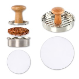 Burger Press 5" and 3" Suitable for Kids Burgers Size, Heavy Duty Stainless Steel Hamburger Patty Maker with Wooden Handle, Free 100 Pieces(50 Each Size) Non-Stick Patty Papers