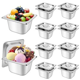 10 Set 1/6 Size Stainless Steel Hotel Pans with Lids 4" Deep Steam Table Pan Food Pan Lid with Handled Catering Food Storage Metal Anti Jam Steam Pan Cover for Food Fruits Vegetables Restaurant Hotel