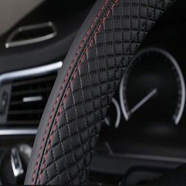 SHIAWASENA Car Steering Wheel Cover, Leather, Universal 15 Inch Fit, Anti-Slip & Odor-Free (Black&Red)