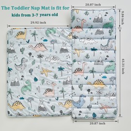 Toddler Nap Mat with Pillow and Blanket,Soft Slumber Bags for Boys,Kids Sleeping Bags with Roll Up Design,Blue Dinosaur Nap Mats for Preschool,Daycare,Kindergarten,Fits Ages 3-6 Years-Blue