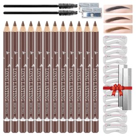 LOKFAR 12 PCS Eye-Brow Pencil Set, Waterproof Eyebrow Pencil Microblading Eyebrow Pen Supplies Kit, Eyebrow Tattoo Makeup with 2 Sharpener, 10 Brow Stencils and Eyebrows Essential Tools (Medium Brown)