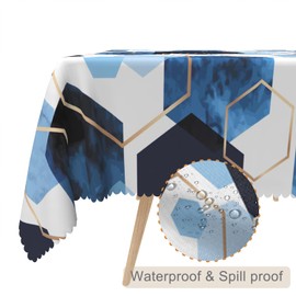 TTQYFNM 60x84inches Elegant Hexagons Tablecloth Blue White Gold Modern Geometric Abstract Art Fabric Table Cloth Marble Texture Waterproof Table Cover for Kitchen Dining Room Banquet Party Decor