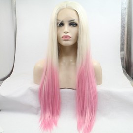 SERENEWIG Long Straight Synthetic Lace Front Wigs for Women Daily Wear (60 Blonde Ombre Pink)