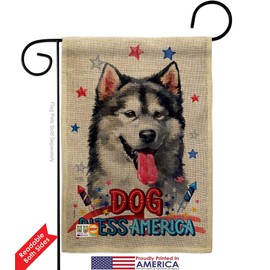 Patriotic Alaskan Malamute Burlap Garden Flag Set with Stand Animals Dog Puppy Spoiled Paw Canine Fur Pet Nature Farm Animal Creature Small Gift Yard House Banner Double-Sided Made In USA 13 X 18.5