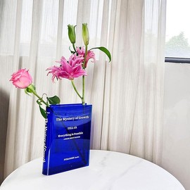 Bookend Vase for Flowers, Cute Home Office Decor; Unique Vase for Book Lovers, Artistic and Cultural Flavor Acrylic Clear Vases (Not Including Flowers) - Color: Transparent Blue