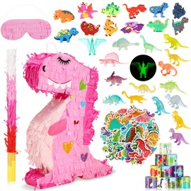 Hanaive 141 Pcs Dinosaur Piñata for Birthday Party, Dino Piñata Set with Blindfold and Baton, 16 x 12 x 3 Inch, Kids Dinosaur Themed Party Favors for Boys and Girls(Cute Style)