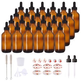 HWASHIN 24 Pack 4oz Amber Glass Bottles with Glass Eye Droppers for Essential Oils, Perfumes & Lab Chemicals (Brushes, Funnels, Extra Droppers, Labels & Measuring Cup Included)