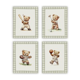 heilkee Teddy Bear Nursery Decor Vintage Sports Wall Art for Boys Bedroom Toddler Boy Gifts Golf Football Baseball Basketball Set of 4(UNFRAMED 8x10in)