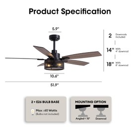52 Inch Ceiling Fans with Lights and Remote Control, Farmhouse Ceiling Fan for Bedroom Living Room and Patio, Black Caged Ceiling Fan for Indoor and Outdoor