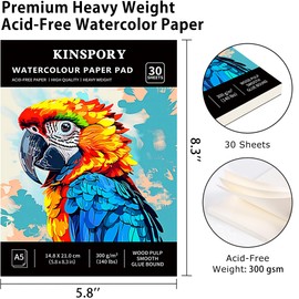 KINSPORY Watercolour Paper Pad A5 x 30 Sheets - 300GSM Glue Bound, Cold-Pressed Texture Art Watercolour Paper, Sketchbook for Painting, Drawing, Sketching and Mixed Media - 14.8 x 21 cm