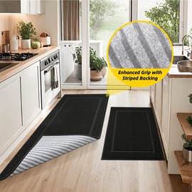 JSEI Non-Slip Kitchen Mats, Self Adhesive No Sliding Kitchen Rugs Set of 2, Soft Washable Absorbent Floor Rugs for Area Rug, Kitchen, Entrance, Bathroom, Laundry Room, Bedroom, 24”x36”+24”x60”, Black