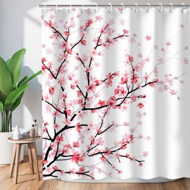 LIVILAN Cherry Blossom Bathroom Curtain with 12 Hooks, Pink Floral Shower Curtain Fabric Sakura Bath Curtain, Flower Shower Curtain for Bathroom, Machine Washable, 72" WX 72" H