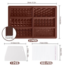 FDKYOEK 2 PCS 6-In-1 Chocolate Bar Mold with 100PCS Plastic Wrappers and 1 Scraper, Food Grade Silicone Candy Bar Mold, Soft Rectangle Chocolate Bar Molds Deep 0.6in, Non-Stick, Brown