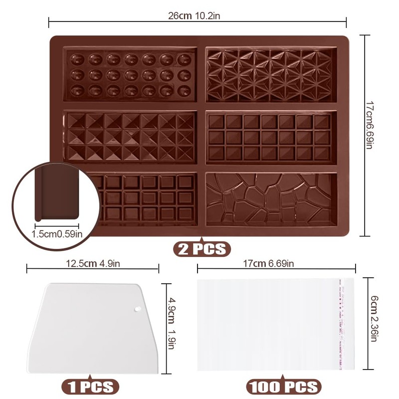 FDKYOEK 2 PCS 6-In-1 Chocolate Bar Mold with 100PCS Plastic
