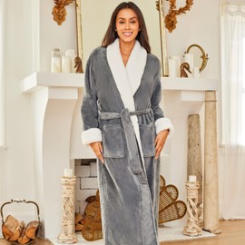 Alexander Del Rossa Women’s Robe, Warm Fleece Bathrobe with Two Large Front Pockets and Tie Closure, Steel Gray with Sherpa, Small-Medium